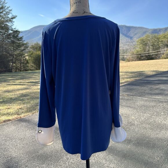 Susan Graver Liquid Knit Top Size L Blue Off White Contrast Cuff Flowy Stretch - Picture 3 of 13